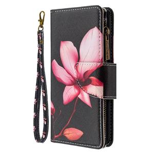 huismerk Voor iPhone 12 Gekleurd tekenpatroon Rits Horizontale Flip Lederen case met Holder & Card Slots & Wallet(Lotus)