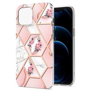 huismerk Electroplating Splicing Marble Flower Pattern TPU Shockproof Case voor iPhone 13 Mini (roze bloem)