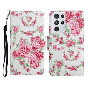 huismerk Voor Samsung Galaxy S21 Ultra 5G Geschilderd Patroon Horizontale Flip Lederen Case met Houder & Card Slot & Portemonnee (Rose Flower)