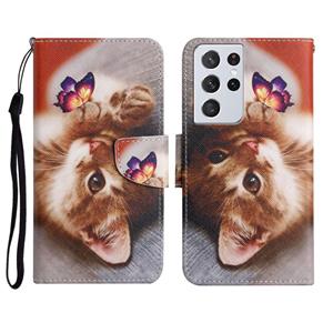 huismerk Voor Samsung Galaxy S21 Ultra 5G Geschilderd Patroon Horizontale Flip Leren Case met Houder & Card Slot & Portemonnee (Butterfly Cat)