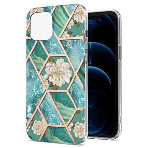 huismerk Electroplating Splicing Marmeren Bloempatroon TPU Shockproof Case voor iPhone 13 Mini (blauwe bloem)