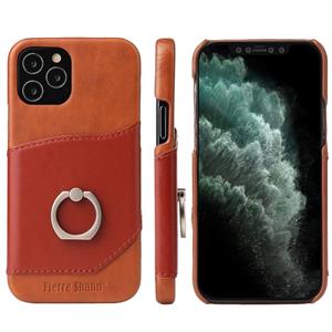 fierreshann Voor iPhone 12 Fierre Shann Oil Wax Texture Genuine Leather Back Cover Case met 360 Graden Rotatie Houder & Kaart slot (Lichtbruin+Donkerbruin)