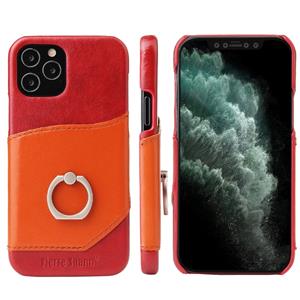 fierreshann Voor iPhone 12 Fierre Shann Oil Wax Texture Genuine Leather Back Cover Case met 360 graden rotatiehouder & kaartsleuf (Rood+lichtbruin)