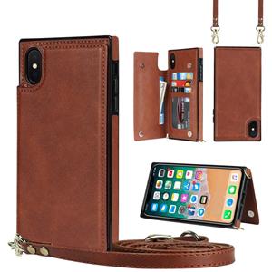 huismerk Cross-Body Square Double Buckle Flip Card Tas TPU + PU Case met Kaart Slots & Portemonnee & Photo & Strap voor iPhone XS MAX (Brown)