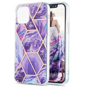 huismerk Electroplating Splicing Marmeren Bloempatroon Dual-Side IMD TPU Schokbestendig Case voor iPhone 13 Mini (Dark Purple)