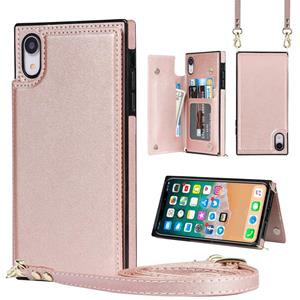 huismerk Cross-Body Square Double Buckle Flip Card Tas TPU + PU Case met kaartslots & portemonnee en foto's en riem voor iPhone XR (ROSE GOUD)