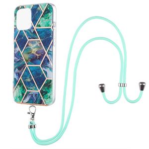 huismerk Electroplating Splicing Marmeren Patroon Dual-Side IMD TPU Schokbestendig Case met Neck Lanyard voor iPhone 13 Mini