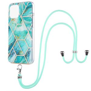 huismerk Electroplating Splicing Marmeren Patroon Dual-Side IMD TPU Shockproof Case met Neck Lanyard voor iPhone 13 Mini