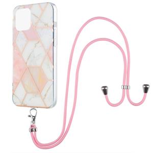 huismerk Electroplating Splicing Marmeren Patroon Dual-Side IMD TPU Shockproof Case met Neck Lanyard voor iPhone 13 (roze wit)