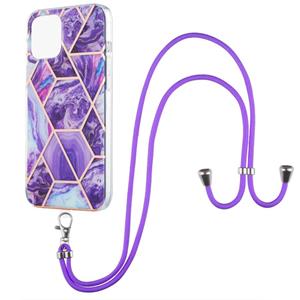 huismerk Electroplating Splicing Marmeren Patroon Dual-Side IMD TPU Schokbestendig Case met Neck Lanyard voor iPhone 13 (Dark Purple)