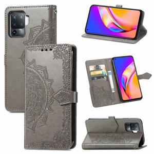 huismerk Voor OPPO A94 4G / F19 Pro Mandala Embossing Patroon Horizontale Flip Lederen Case met Houder & Card Slots & Portemonnee &Amp; Lanyard (Grijs)