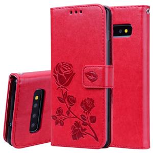 huismerk Rose reliëf horizontale Flip PU lederen case voor Galaxy S10 Plus met houder & kaartsleuven & portemonnee (rood)