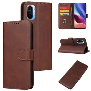 huismerk Voor Xiaomi Redmi K40 Calf Texture Gesp horizontale Flip Leren Case met Houder & Card Slots & Portemonnee (Bruin)