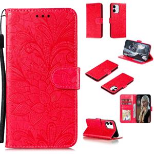 huismerk Voor iPhone 12 5.4 Kantbloem horizontale flip lederen hoes met houder & kaartslots & portemonnee & fotoframe(rood)