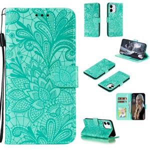 huismerk Voor iPhone 12 5.4 Kantbloem horizontale flip lederen hoes met houder & kaartslots & portemonnee & fotoframe(groen)