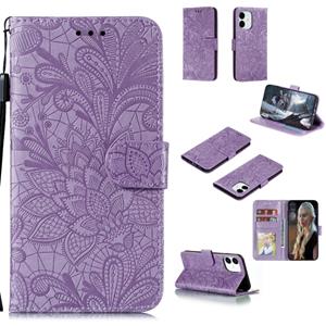 huismerk Voor iPhone 12 5.4 Kantbloem horizontale flip lederen hoes met houder & kaartslots & portemonnee & fotoframe(paars)