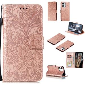 huismerk Voor iPhone 12 5.4 Kantbloem horizontale flip lederen hoes met houder & kaartslots & portemonnee & fotoframe(Rose Gold)