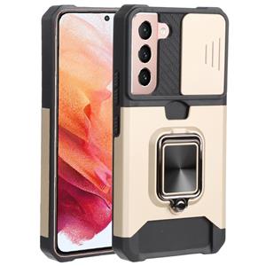 huismerk Voor Samsung Galaxy S22 5G Schuifcamera Cover Design PC + TPU Shockproof Phone Case met Ring Holder & Card Slot (Goud)