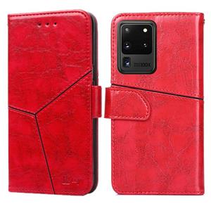 huismerk Voor Samsung Galaxy S20 Ultra Geometrische stiksels horizontale flip TPU + PU lederen hoes met Holder & Card Slots & Wallet(Rood)