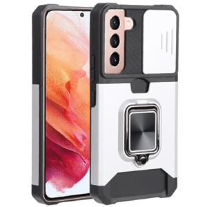 huismerk Voor Samsung Galaxy S22 5G Sliding Camera Cover Design PC + TPU Shockproof Telefoonhoesje met Ring Houder & Card Slot