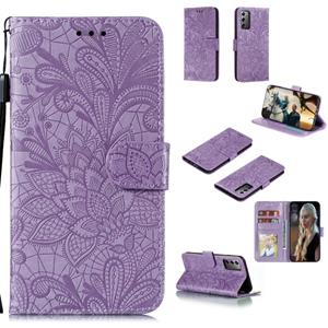 huismerk Voor Samsung Galaxy Note20 Lace Flower Horizontale Flip Lederen case met Holder & Card Slots & Wallet & Photo Frame(Paars)