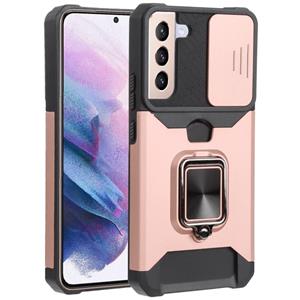 huismerk Voor Samsung Galaxy S22 + 5G Glijdende Camera Cover Ontwerp PC + TPU Schokbestendig Telefoonhoesje met Ring Houder & Card Slot (ROSE GOUD)