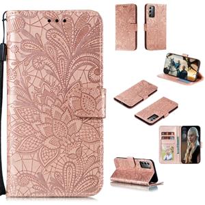 huismerk Voor Samsung Galaxy Note20 Lace Flower Horizontale Flip Lederen case met Holder & Card Slots & Wallet & Photo Frame(Rose Gold)