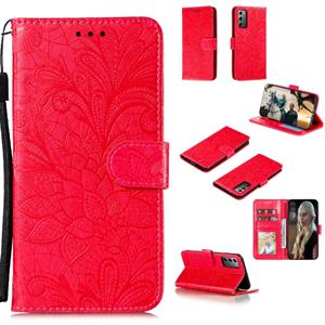 huismerk Voor Samsung Galaxy Note20 Lace Flower Horizontale Flip Lederen case met Holder & Card Slots & Wallet & Photo Frame(Red)