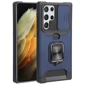 huismerk Voor Samsung Galaxy S22 Ultra 5G Schuifcamera Cover Design PC + TPU Schokbestendig Telefoonhoesje met Ring Houder & Card Slot