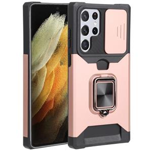 huismerk Voor Samsung Galaxy S22 Ultra 5G Schuifcamera Cover Design PC + TPU Schokbestendig Telefoonhoesje met Ring Houder & Card Slot (ROSE GOUD)