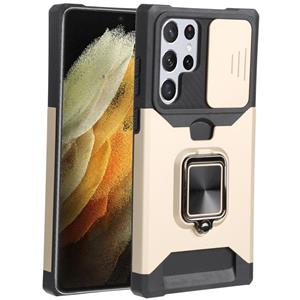 huismerk Voor Samsung Galaxy S22 Ultra 5G Schuifcamera Cover Design PC + TPU Schokbestendige Telefoonhoesje met Ring Holder & Card Slot (Goud)