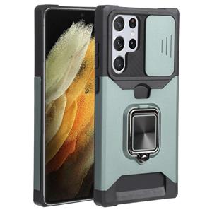 huismerk Voor Samsung Galaxy S22 Ultra 5G Schuifcamera Cover Design PC + TPU Schokbestendig Telefoonhoesje met Ring Houder & Card Slot (Dark Green)