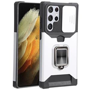 huismerk Voor Samsung Galaxy S22 Ultra 5G Schuifcamera Cover Design PC + TPU Schokbestendige Telefoonhoesje met Ring Houder & Card Slot