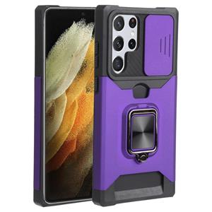 huismerk Voor Samsung Galaxy S22 Ultra 5G Schuifcamera Cover Design PC + TPU Shockproof Phone Case met Ring Holder & Card Slot (Paars)