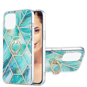 huismerk Electroplating Splicing Marmeren Patroon Dual-Side IMD TPU Shockproof Case met ringhouder voor iPhone 13 Mini