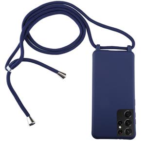 huismerk Voor Samsung Galaxy S21 Ultra 5G Candy Colors TPU Beschermhoes met Lanyard (Donkerblauw)