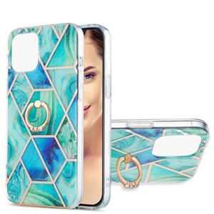 huismerk Electroplating Splicing Marmeren Patroon Dual-Side IMD TPU Shockproof Case met Ringhouder voor iPhone 13 Pro Max