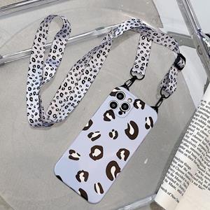 huismerk Cat Ear Leopard Print TPU Rechte rand telefoon geval met lanyard voor iphone 13 (blauw paars)