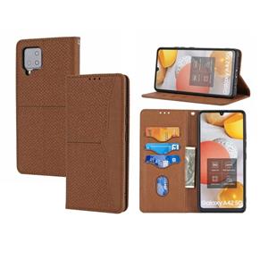 huismerk Voor Samsung Galaxy A42 5G Geweven textuur Stiksels Magnetische Horizontale Flip PU Lederen Case met Houder & Card Slots & Wallet & Lanyard (Brown)