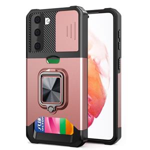 huismerk Voor Samsung Galaxy S21 + Sliding Camera Cover Design PC + TPU Shockproof Case met Ring Holder & Card Slot (Rose Gold)