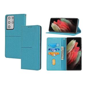 huismerk Voor Samsung Galaxy S21 Ultra 5G Geweven textuur Stikken Magnetische Horizontale Flip PU Lederen Case met Houder & Card Slots & Wallet & Lanyard (Blau