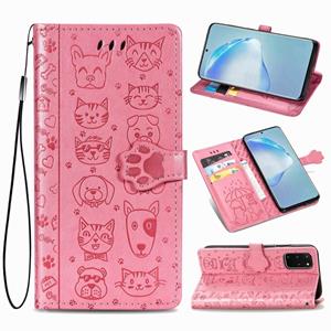 huismerk Voor Galaxy S20 Plus Cute Cat en Dog Embossed Horizontale Flip Lederen Case met Bracket / Card Slot / Wallet / Lanyard (Pink)