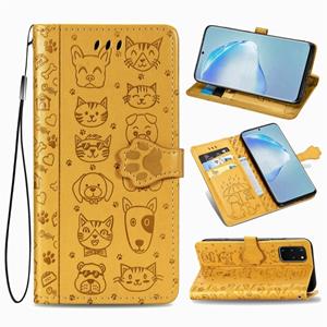 huismerk Voor Galaxy S20 Plus Cute Cat en Dog Embossed Horizontale Flip Lederen Case met Bracket / Card Slot / Wallet / Lanyard (Geel)