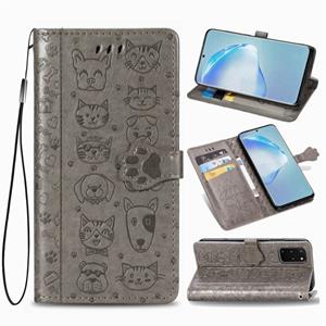 huismerk Voor Galaxy S20 Plus Cute Kat en Hond reliëf horizontale flip lederen zaak met beugel / kaartsleuf / portemonnee / Lanyard (Grijs)