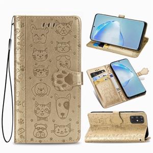 huismerk Voor Galaxy S20 Plus Cute Cat en Dog Embossed Horizontale Flip Lederen Case met Bracket / Card Slot / Wallet / Lanyard (Gold)