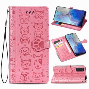 huismerk Voor Galaxy S20 Cute Cat en Dog Embossed Horizontale Flip Lederen Case met beugel / card slot / Portemonnee / Lanyard (Roze)