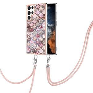 huismerk Voor Samsung Galaxy S22 Ultra 5G Electroplating IMD TPU -telefoonhoesje met lanyard (roze schalen)