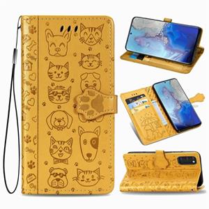 huismerk Voor Galaxy S20 Cute Cat en Dog Embossed Horizontale Flip Lederen Case met beugel / kaartslot / Portemonnee / Lanyard (Geel)