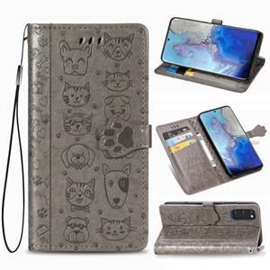 huismerk Voor Galaxy S20 Cute Cat en Dog Embossed Horizontale Flip Lederen Case met beugel / card slot / Portemonnee / Lanyard (Grijs)