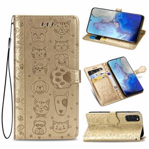 huismerk Voor Galaxy S20 Cute Cat en Dog Embossed Horizontale Flip Lederen Case met beugel / kaartslot / Portemonnee / Lanyard (Goud)